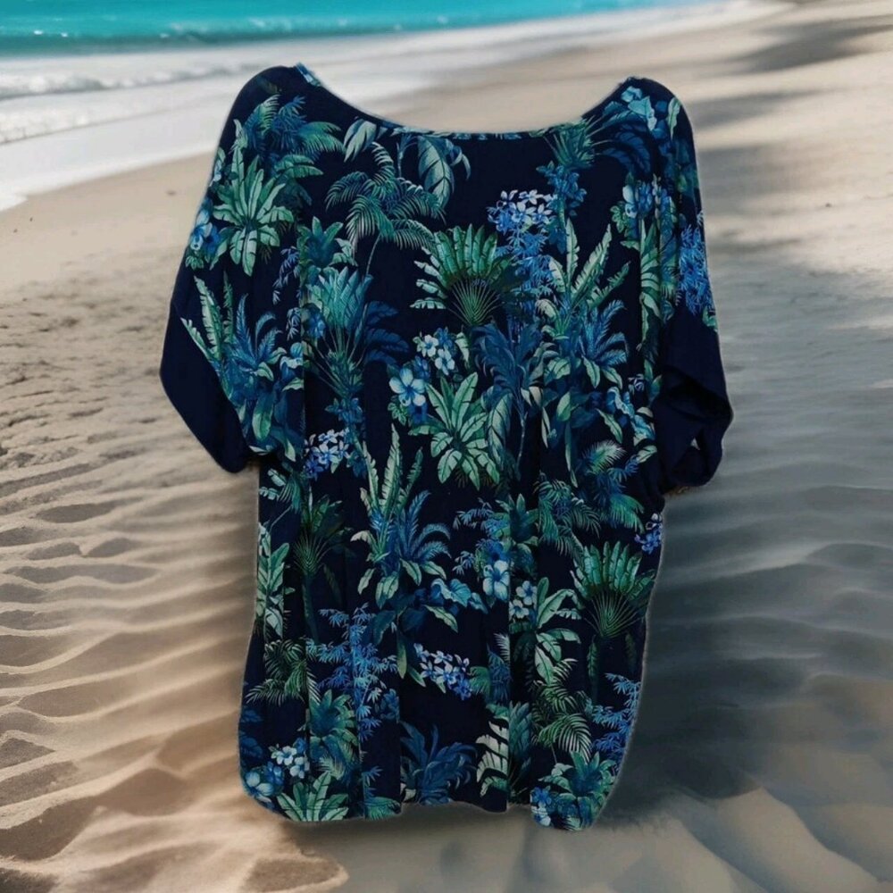 Tommy Bahama Women’s XL Tunic – Blue Floral Hawaiian Top – Rayon Blend - Picture 2 of 5